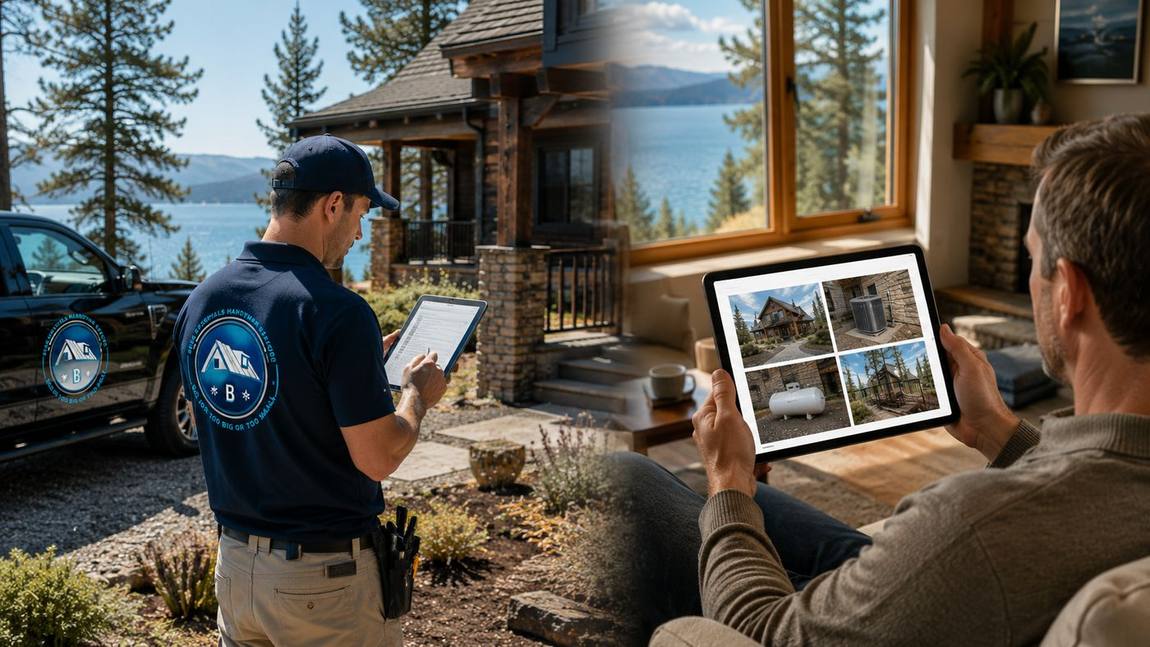 Bear Lake Services technician performing a monthly cabin check at a lakeside property while the owner reviews the photo report on a tablet