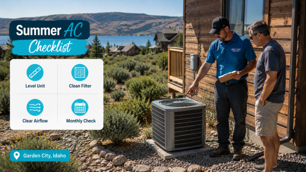 Bear Lake Services technician inspecting cabin AC unit and discussing pre-summer maintenance checklist.