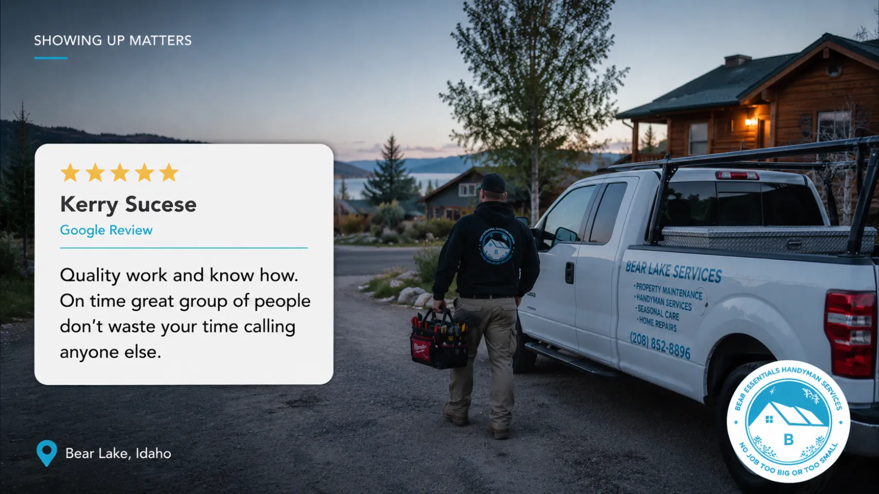 Five-star review for reliable handyman services in Bear Lake Idaho highlighting quality work, know-how and on-time service