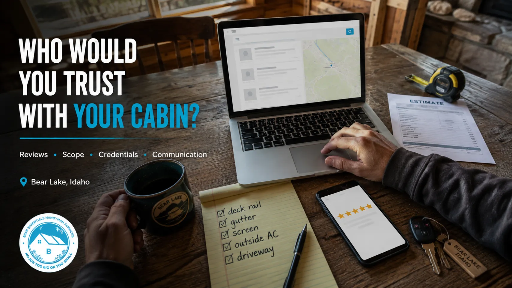 Cabin owner comparing reviews, scope, credentials and communication before choosing a handyman in Bear Lake Idaho