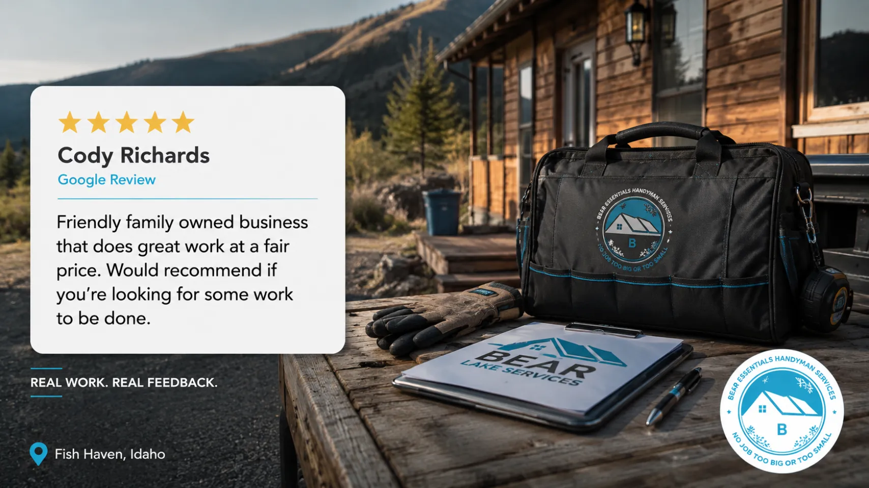 Five-star Fish Haven Idaho handyman review for Bear Lake Services highlighting general repairs, quality work and fair pricing