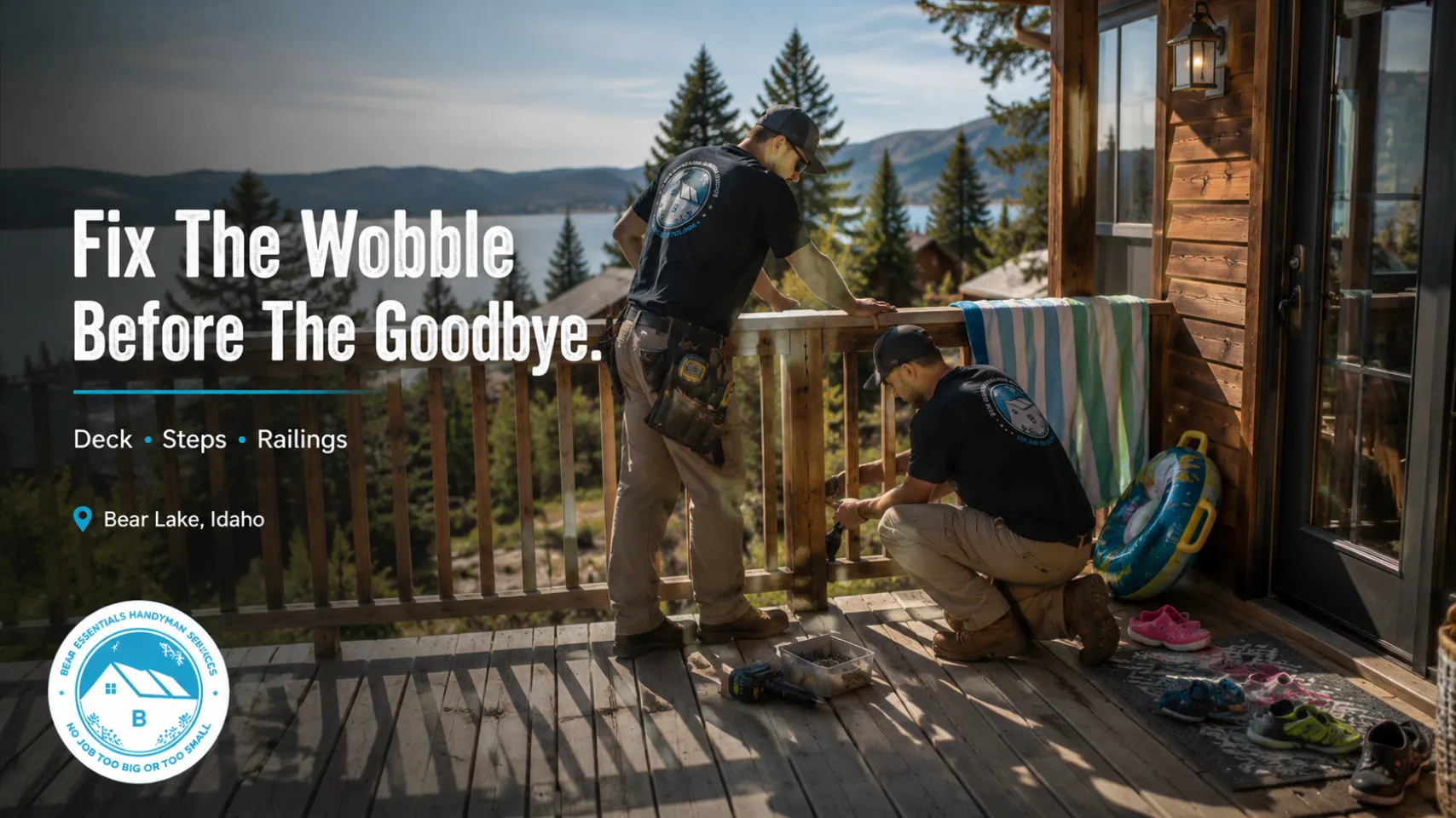 Bear Lake Services team completing deck repair in Bear Lake Idaho by securing a loose cabin railing during late-summer property maintenance