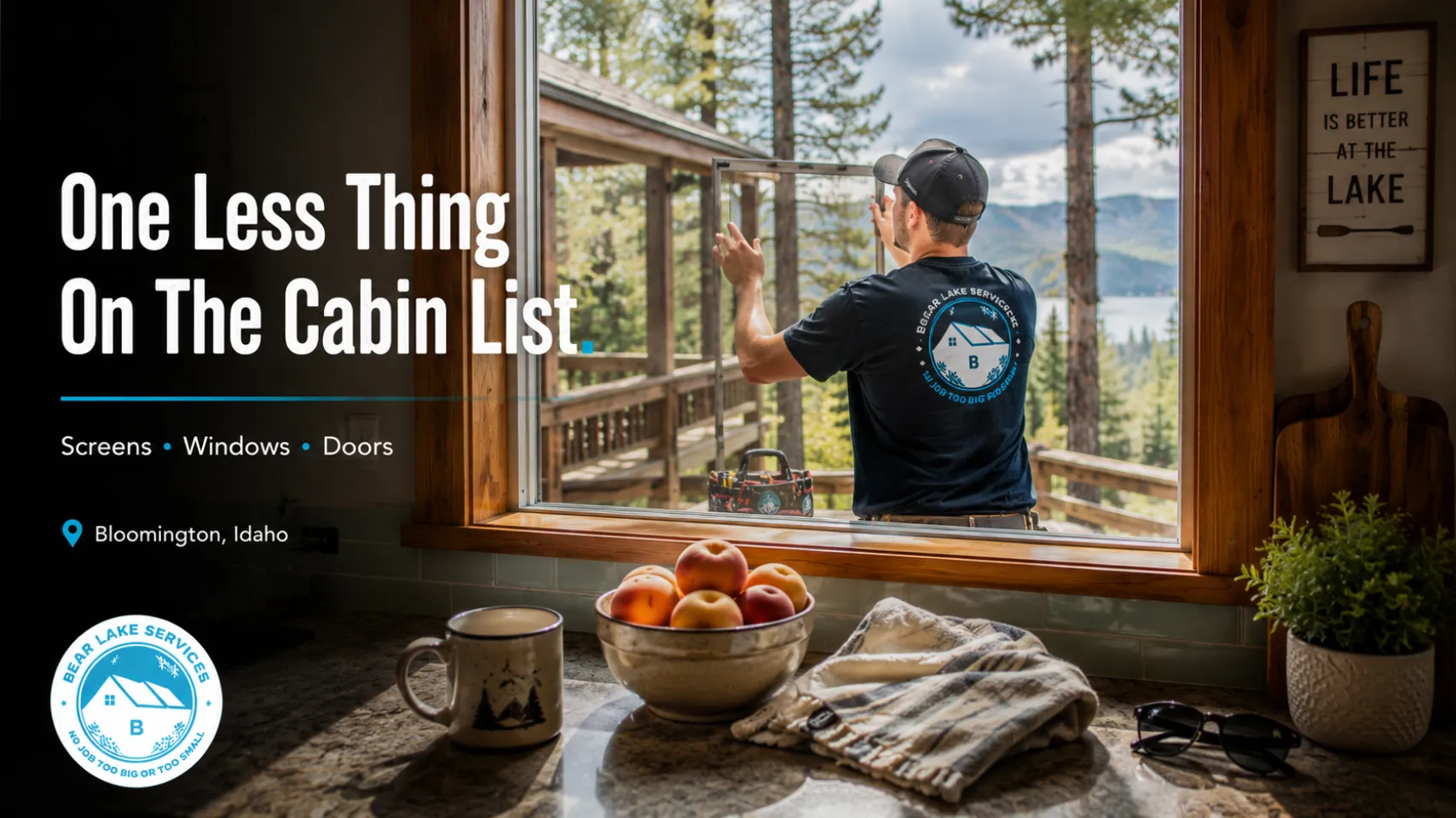 Bear Lake handyman completing window screen repair at a Bloomington Idaho vacation cabin during seasonal cabin maintenance
