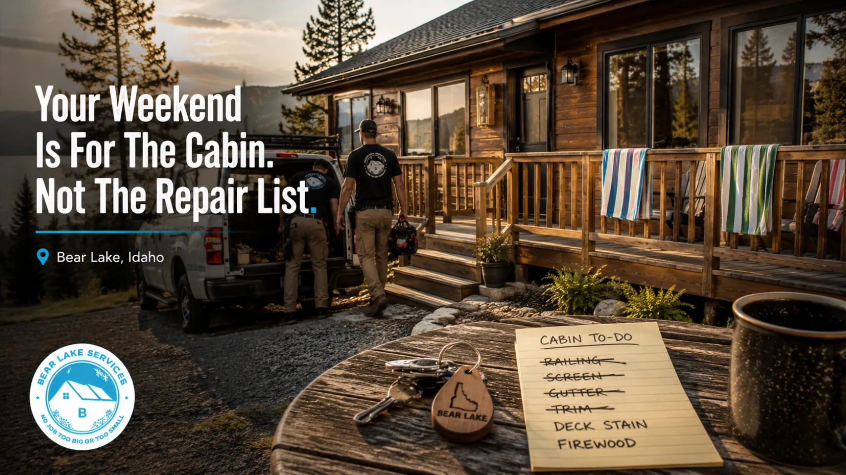 Bear Lake Services handyman team finishing deck gutter screen and exterior cabin repairs during late-summer property maintenance in Bear Lake Idaho