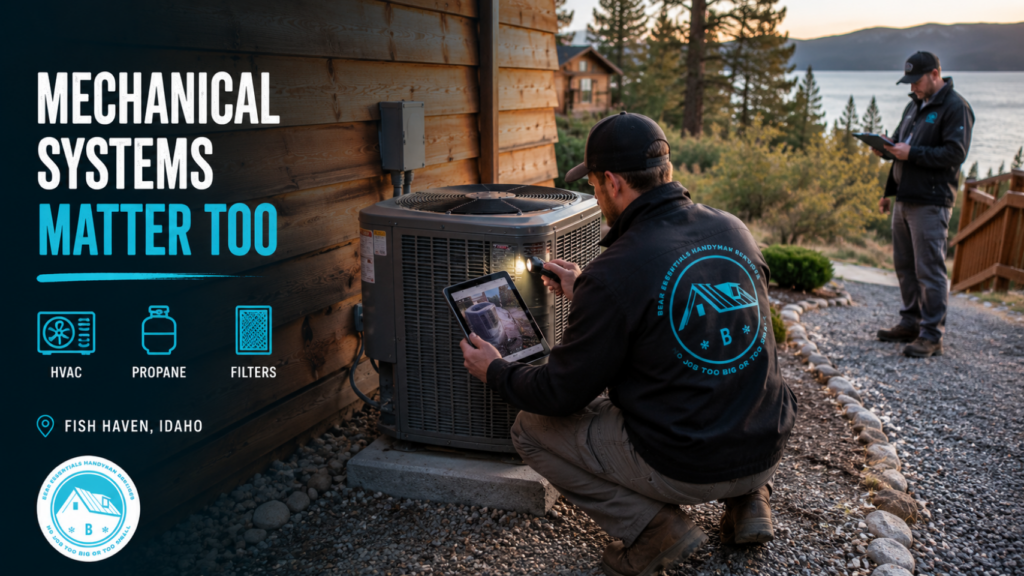 Bear Lake Services technician documenting outdoor HVAC system during cabin maintenance visit in Fish Haven Idaho