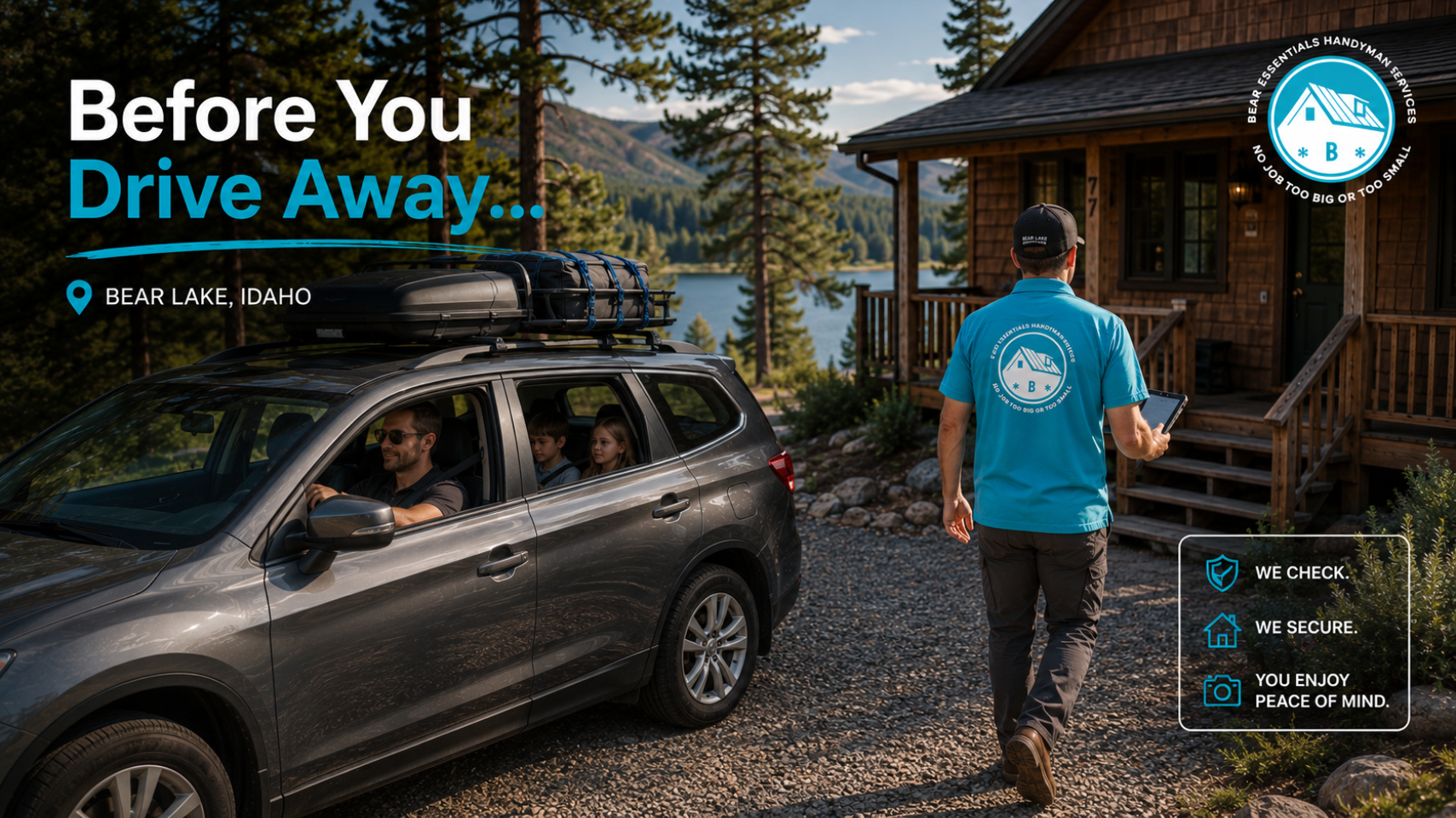 Bear Lake Services technician performing a departure-day cabin maintenance check before seasonal homeowners leave Bear Lake Idaho.
