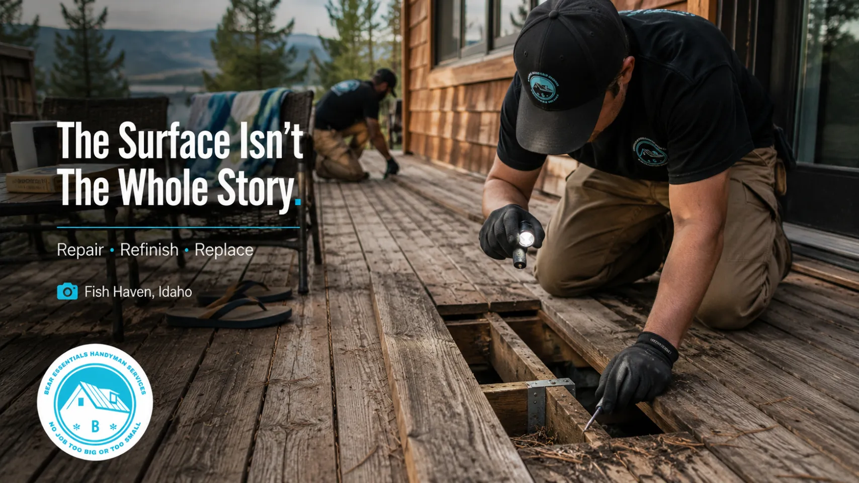 Bear Lake Services team evaluating exposed deck boards and framing for cabin deck repair in Fish Haven Idaho