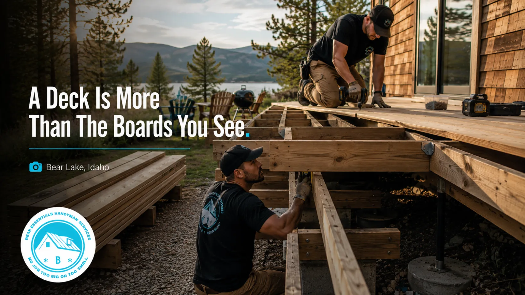 Bear Lake Services team installing cabin deck boards over evaluated framing during deck replacement in Bear Lake Idaho