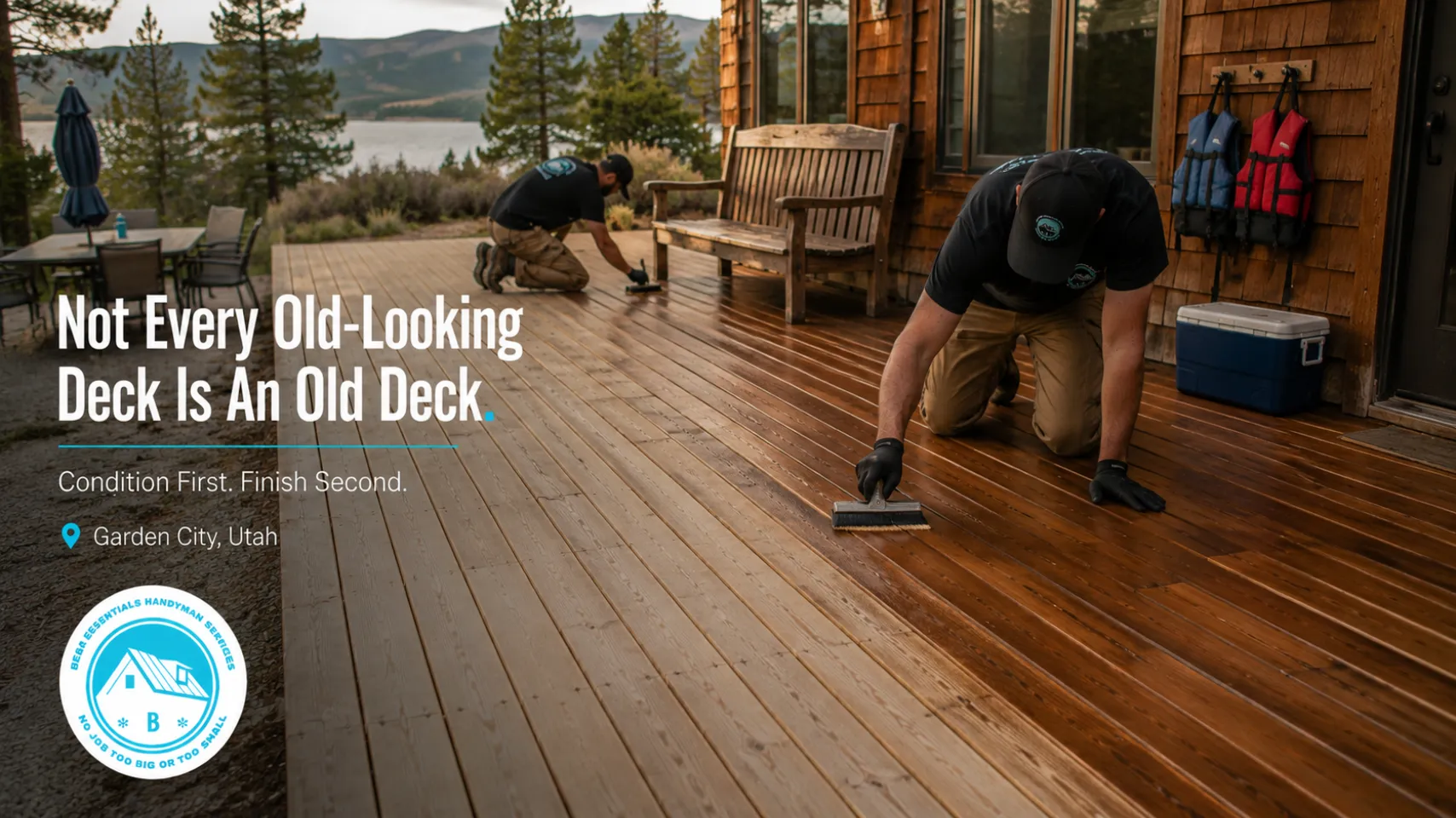 Bear Lake Services team refinishing a sound cabin deck with wood stain during deck maintenance in Garden City Utah