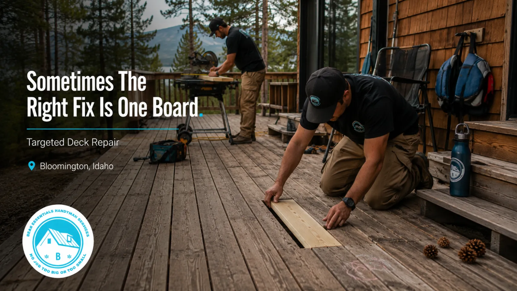 Bear Lake handyman replacing an individual damaged cabin deck board during targeted deck repair in Bloomington Idaho