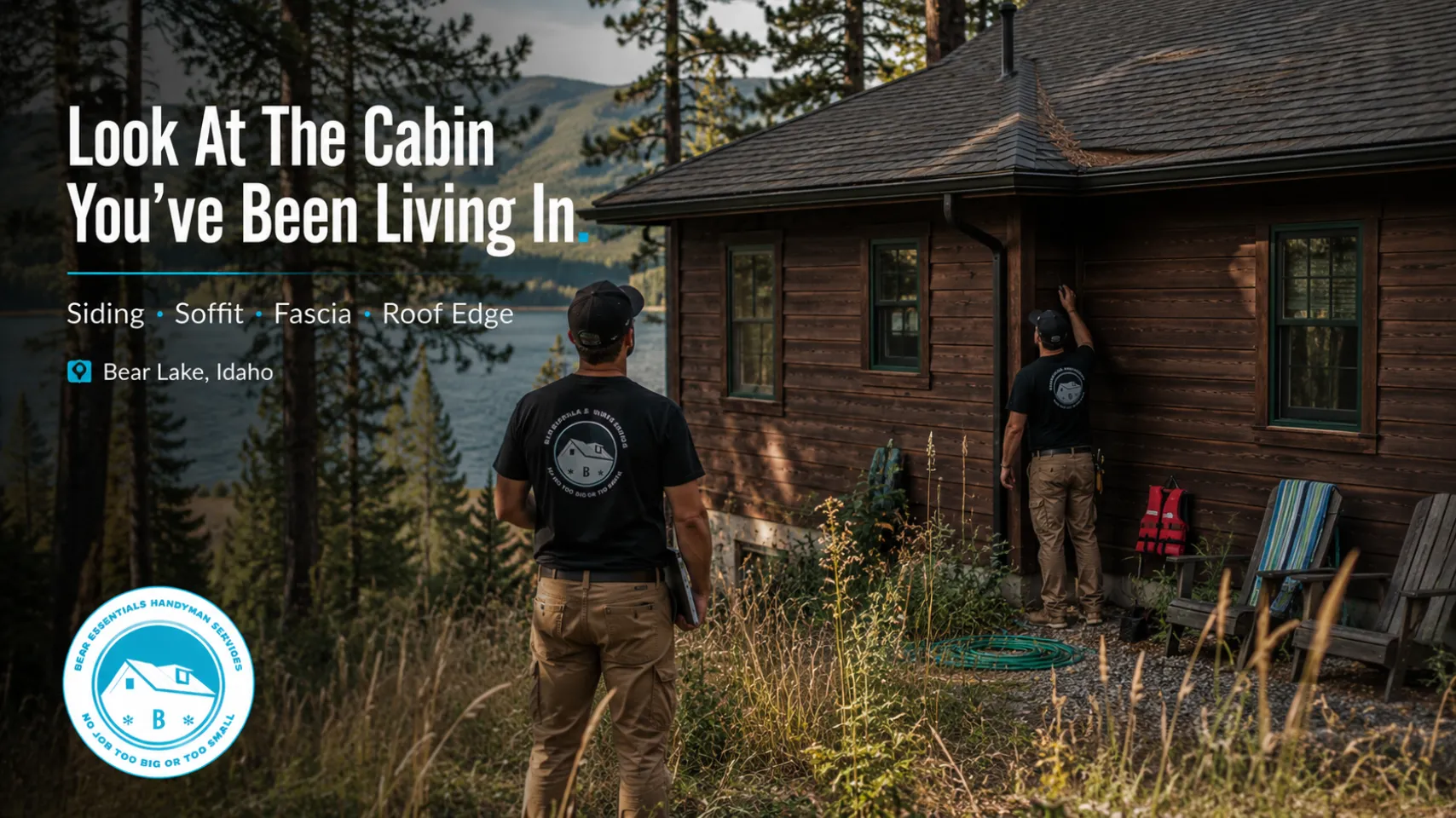 Bear Lake handyman team inspecting cabin siding soffit fascia gutters and roof edge during September property maintenance in Bear Lake Idaho