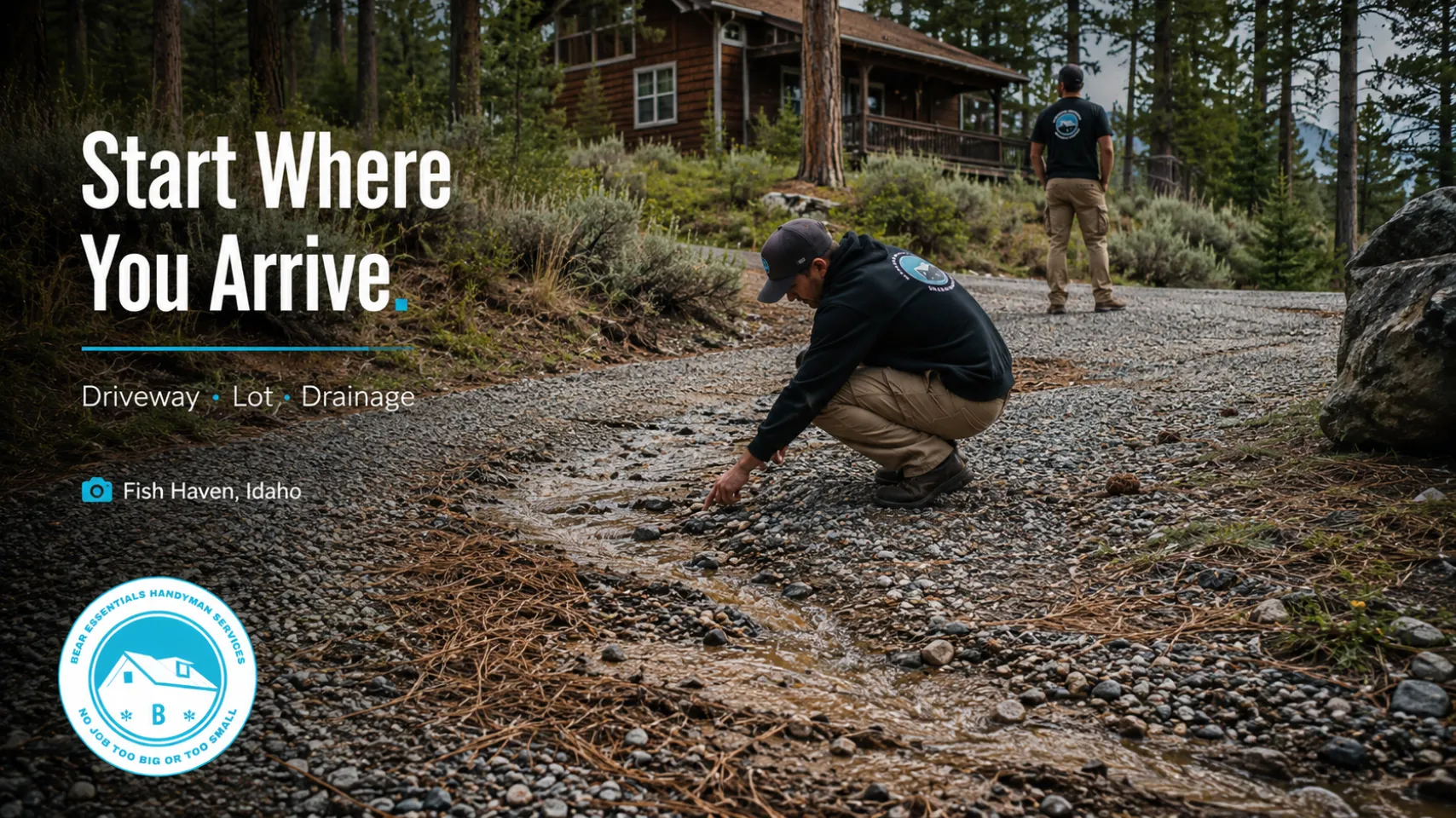 Bear Lake Services team checking driveway drainage and lot conditions during cabin property maintenance in Fish Haven Idaho