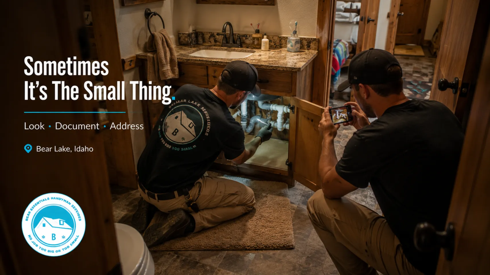 Bear Lake Services team checking visible plumbing and documenting cabin maintenance conditions during a Bear Lake Idaho property check