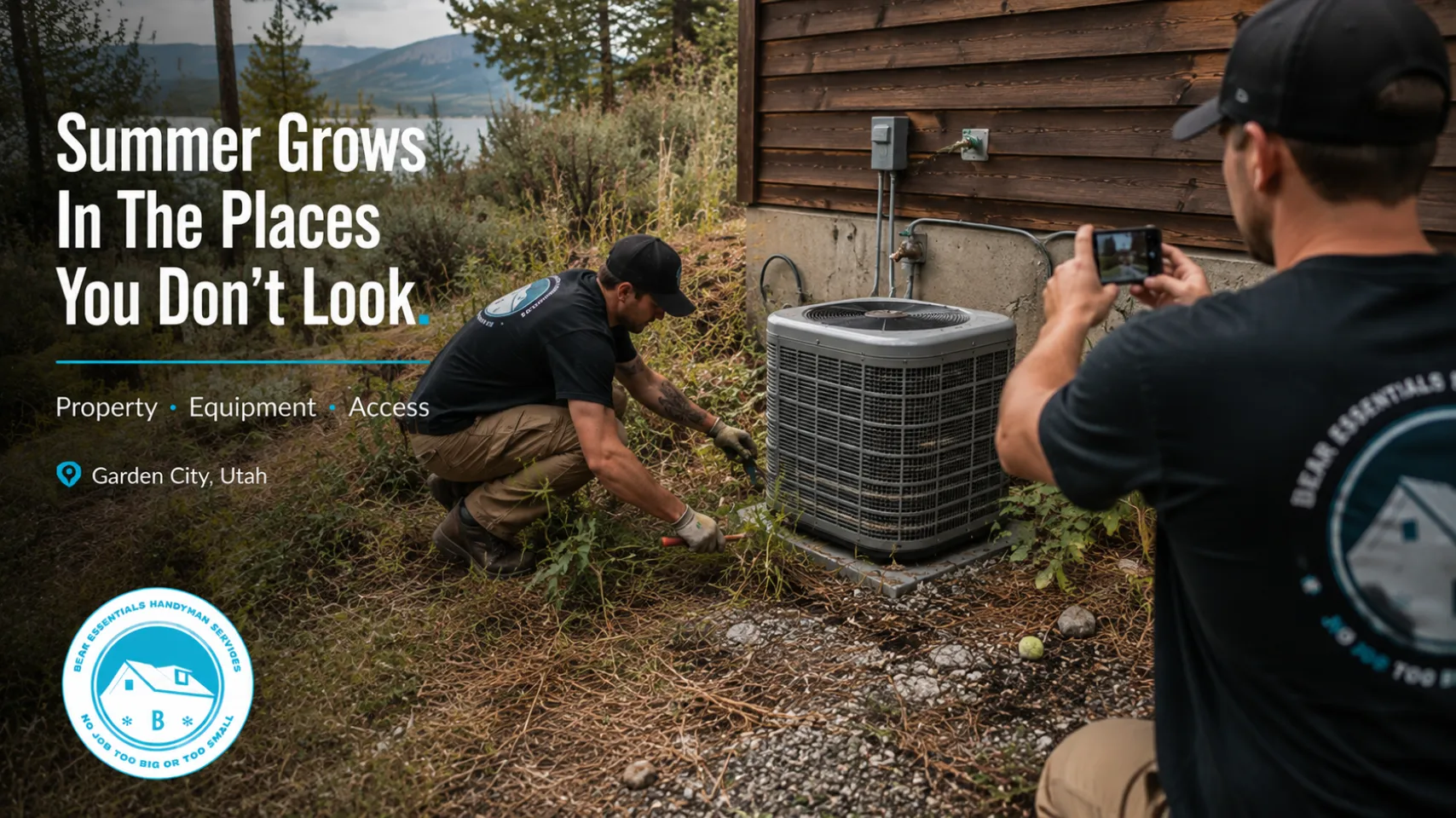Bear Lake Services team clearing vegetation around outdoor HVAC equipment during seasonal cabin property maintenance in Garden City Utah